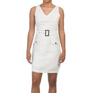 Rachel Zoe White Stripped Dress Lined Belted Cotton Linen Sleeveless Sz 6